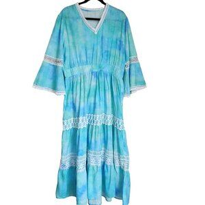 Queenspark Tiered‎ Maxi Dress XL Boho Eyelet Crochet Lace Pastel Flare Fringe